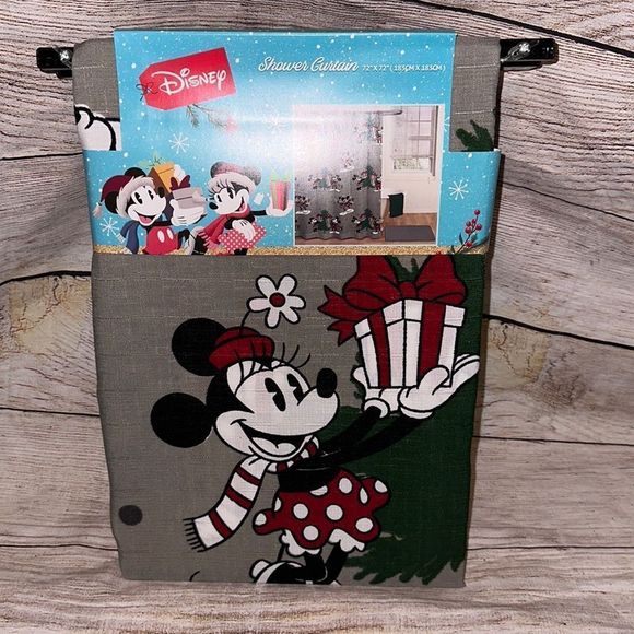 Disney Mickey and Minnie Gray Christmas Ice Skating Shower Curtain - Picture 2 of 6